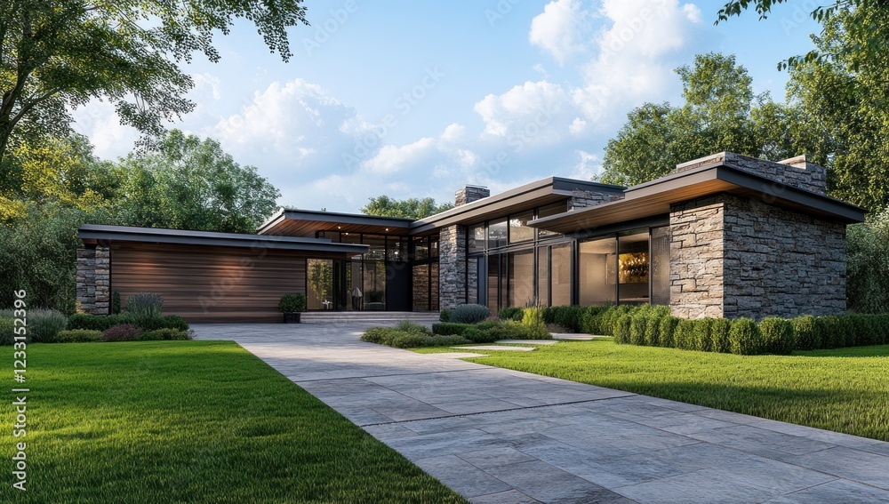 Fototapeta premium Modern Ranch House Architectural Design: Luxurious Home Exterior