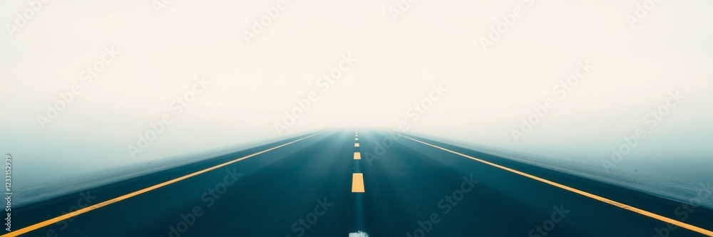 Fototapeta premium Misty road disappearing into the horizon with a serene mood representing journey against a foggy background