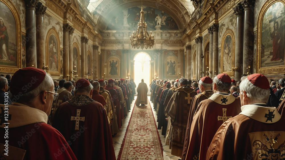 Naklejka premium Dramatic cathedral interior bathed in divine light streaming through arched windows, with religious order members in ceremonial regalia gathered for solemn mass.