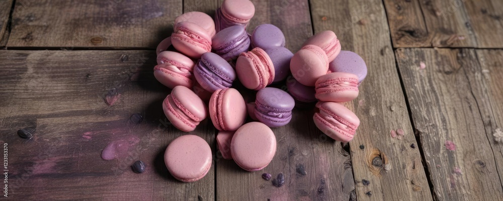 Macarons in shades of pink and purple arranged artfully on a distressed wood surface , French-inspired baking, food photography Macarons in shades of pink and purple arranged artfully on a distressed wood surface , French-inspired baking, food photography