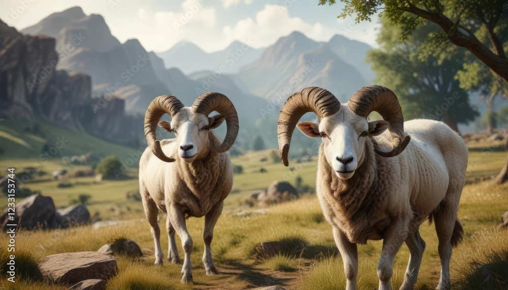 Naklejka premium Majestic ram with large twisted horns in a scenic countryside landscape, majestic, countryside, powerful, horns, horned