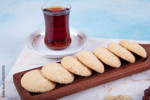 Special Turkish style flour cookies for tea time. Traditional Delicious Turkish dessert; flour cookie (un kurabiyesi). Dry cakes. photo