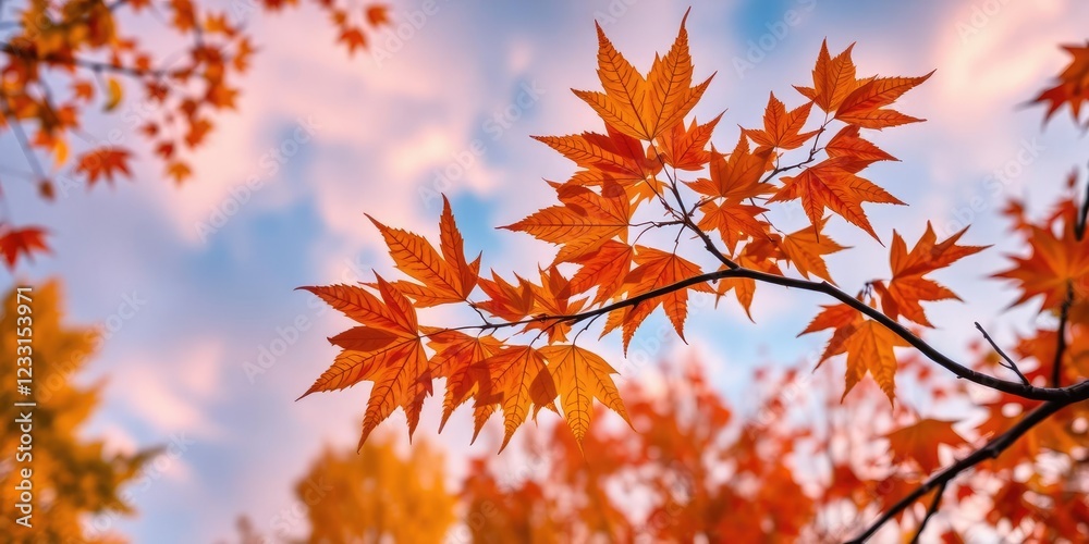 Maple tree branch against a colorful fall sky, vibrant hues, leafy canopy, wooden branches Maple tree branch against a colorful fall sky, vibrant hues, leafy canopy, wooden branches
