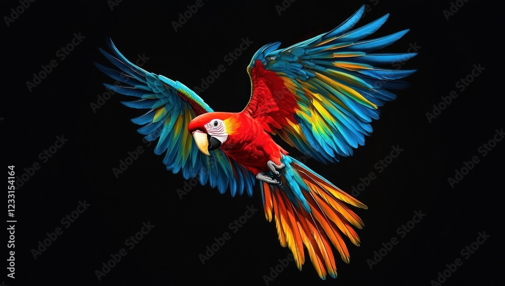 Fototapeta premium Scarlet Macaw in Flight: A Vibrant Burst of Color Against Black