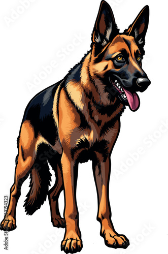 German Shepherd dog pedigreed police, security and border guard dog on also known in Britain as an Alsatian on white background, long-haired dog comic art bulldog illustration graphic 