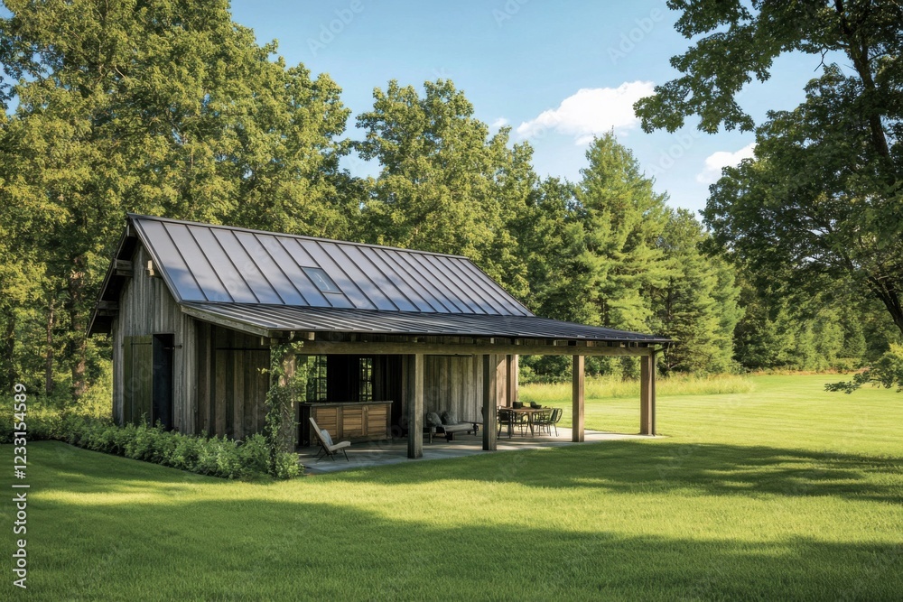 Modern cabin in the woods surrounded by greenery and sunlight, showcasing a relaxed outdoor setting perfect for leisure activities Modern cabin in the woods surrounded by greenery and sunlight, showcasing a relaxed outdoor setting perfect for leisure activities