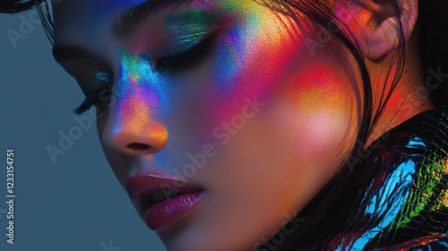 A woman's face is painted with a rainbow of colors, creating a vibrant and eye-catching look.