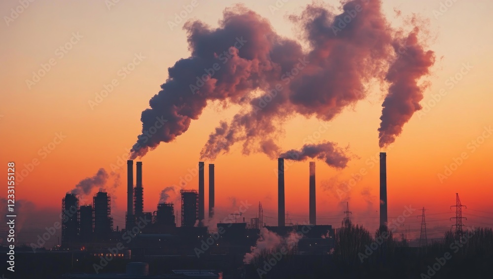 Industrial Pollution at Sunset: A Dark Silhouette Against an Orange Sky Industrial Pollution at Sunset: A Dark Silhouette Against an Orange Sky
