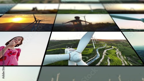 Video collage of windmills generating renewable energy. Aerial views of wind farms, eco power stations, and sustainable electricity production in industrial landscapes. High quality 4k footage photo