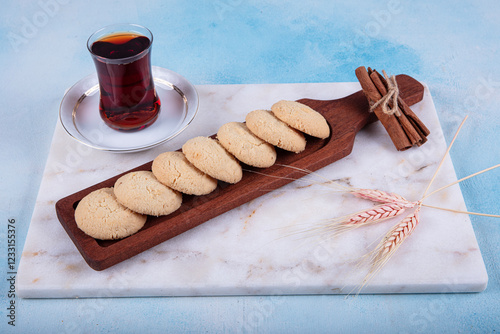 Special Turkish style flour cookies for tea time. Traditional Delicious Turkish dessert; flour cookie (un kurabiyesi). Dry cakes. photo