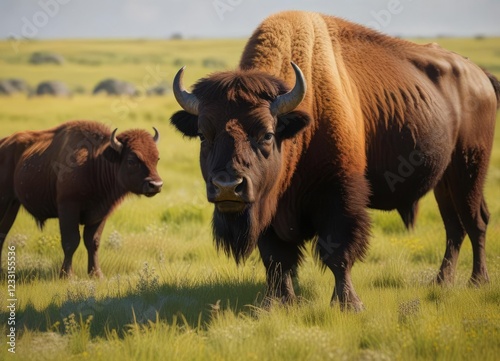 Mother Bison Keeping Calves Safe in Grassland, instinctual behavior, natural habitats, grasslands photo