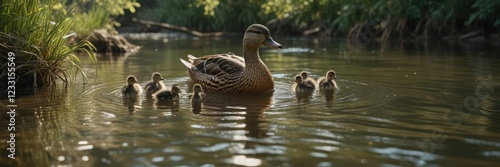 Mother duck protecting her ducklings as they explore the waters of a meandering river, wildlife, explore, nature