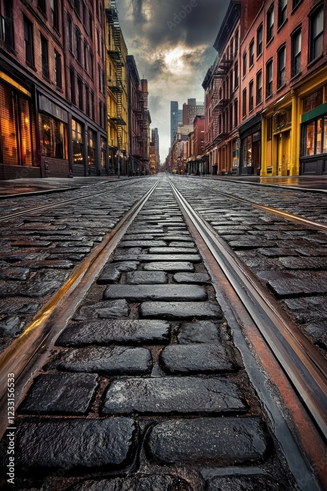 Fototapeta premium A serene cobblestone street weaves through an urban landscape, lined with buildings under a cloudy sky, capturing a peaceful moment in the city at dusk