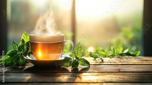 Steaming teacup with mint by sunny window at sunrise photo