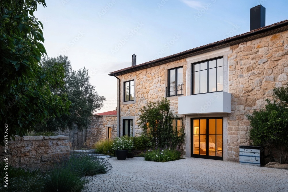 A contemporary stone house features expansive windows and a lovely garden, beautifully illuminated during the tranquil twilight hours in a serene rural setting