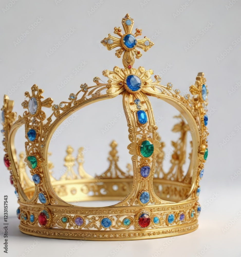 Fototapeta premium Ornate gold crown adorned with precious gems and flowers on a sleek white backdrop, high end, sophistication, premium