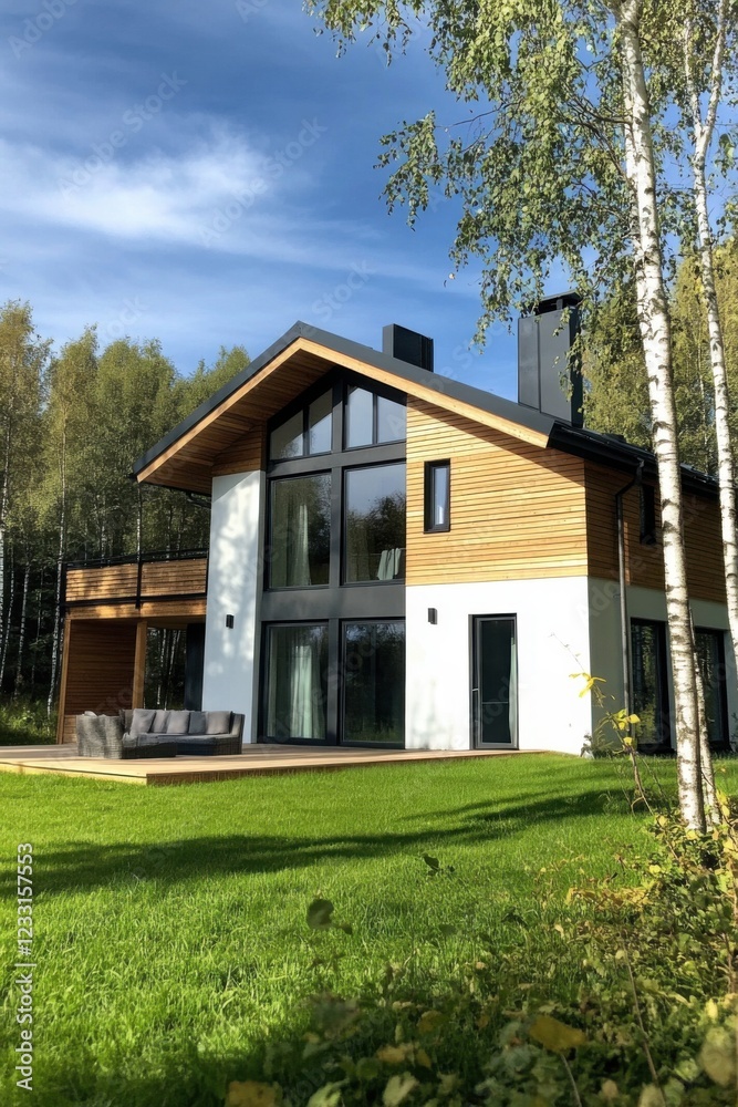 Modern house surrounded by lush greenery in a tranquil setting offers an inviting outdoor space for relaxation and leisure Modern house surrounded by lush greenery in a tranquil setting offers an inviting outdoor space for relaxation and leisure