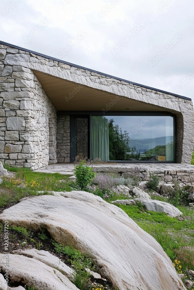 Modern stone house with large windows and unique architectural design situated in a natural landscape surrounded by greenery and rocky terrain Modern stone house with large windows and unique architectural design situated in a natural landscape surrounded by greenery and rocky terrain