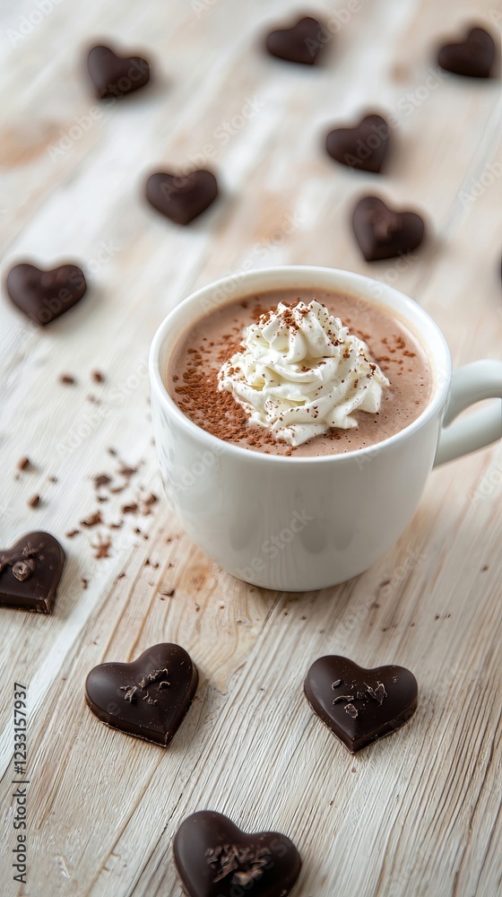 Hot Chocolate in White Mug with Whipped Cream Topping Surrounded by Heart-Shaped Dark Chocolates. Concept of Cozy Winter Treats, Sweet Desserts, Romantic Snacks, Beverage. Valentine's Day Hot Chocolate in White Mug with Whipped Cream Topping Surrounded by Heart-Shaped Dark Chocolates. Concept of Cozy Winter Treats, Sweet Desserts, Romantic Snacks, Beverage. Valentine's Day