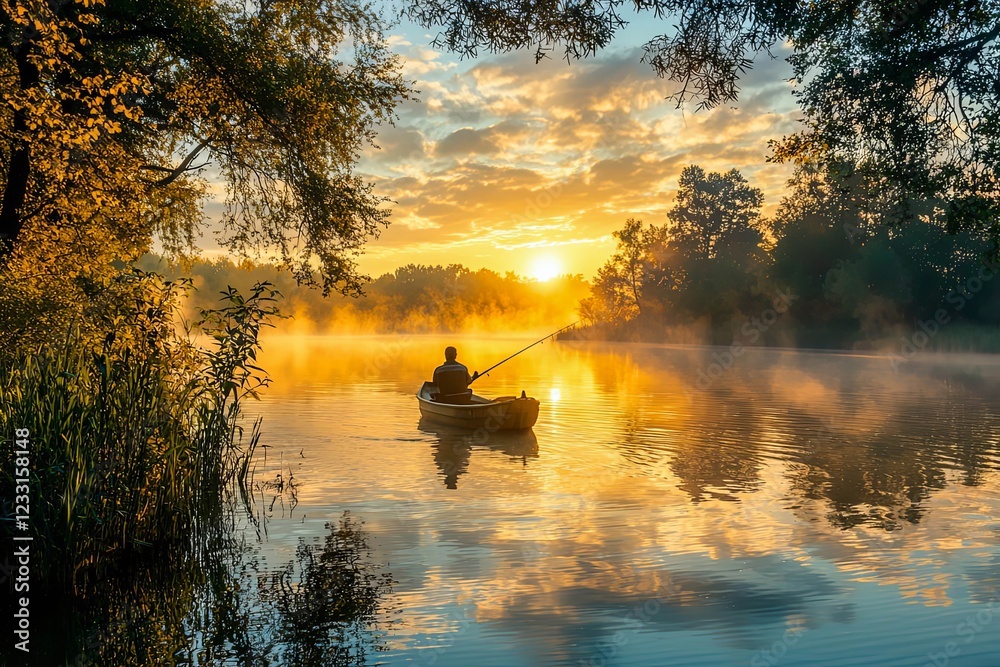 Copy-spaced image of a man fishing from a small boat in the middle of a serene lake at sunrise. Copy-spaced image of a man fishing from a small boat in the middle of a serene lake at sunrise.