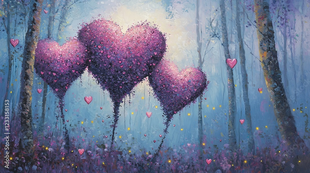 Fototapeta premium Whimsical Fantasy Forest Art with Heart-Shaped Trees at Dawn - Enchanting Nature Scene, Magical Landscape, Romantic Dream, Illustrated Serenity. Valentine's Day