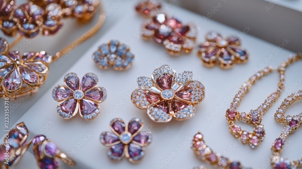 A white background with a variety of pink and blue gemstone jewelry. A white background with a variety of pink and blue gemstone jewelry.