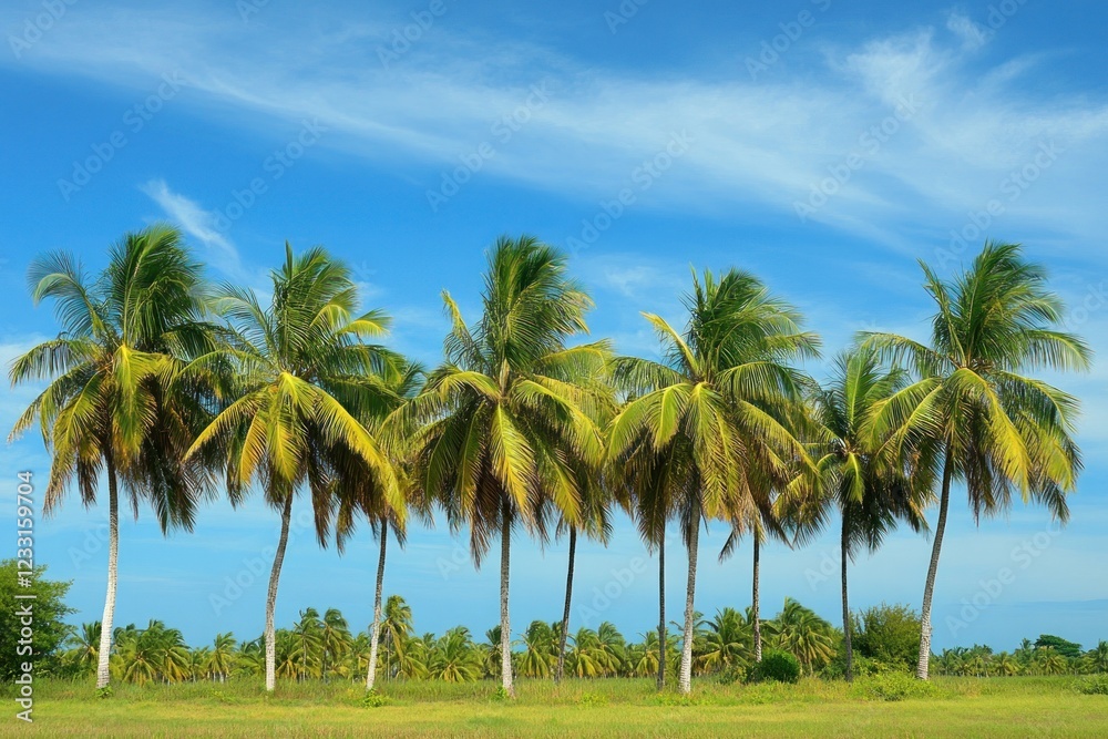 Serene Tropical Paradise: Majestic Palm Trees Under a Vivid Blue Sky Serene Tropical Paradise: Majestic Palm Trees Under a Vivid Blue Sky
