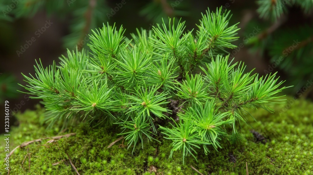 Close-Up View of Green Pine Needles on Mossy Ground in Nature Close-Up View of Green Pine Needles on Mossy Ground in Nature