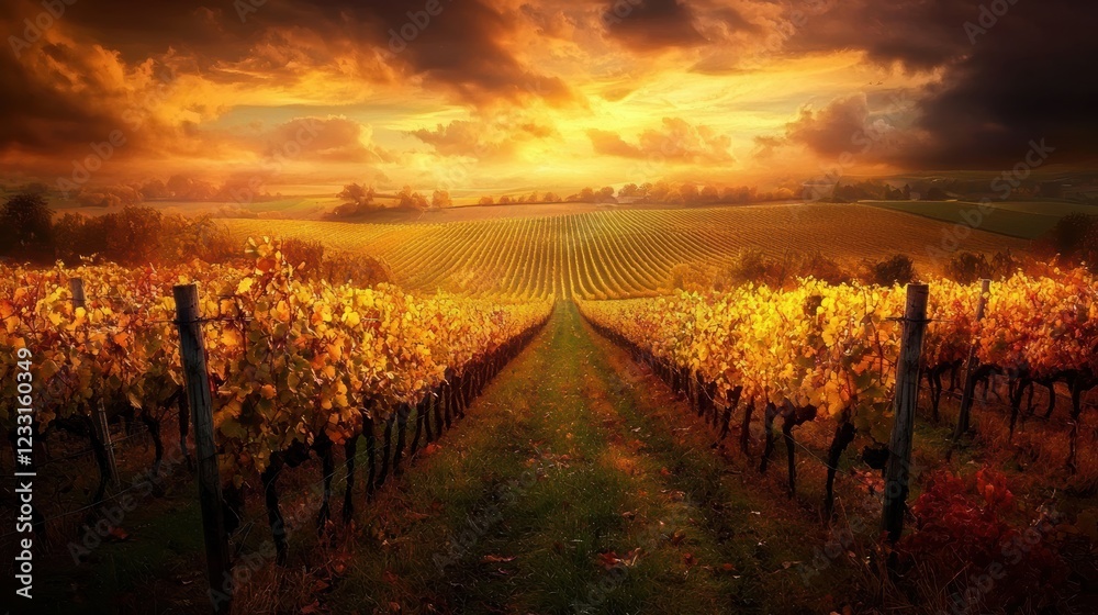 Naklejka premium Golden harvest sunset over vineyard landscape napa valley photography scenic viewpoint tranquil serenity