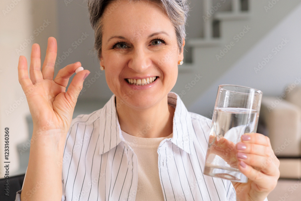 A elderly woman pensioner with gray hair holds a pink round contraceptive hormonal pill in her hands A elderly woman pensioner with gray hair holds a pink round contraceptive hormonal pill in her hands