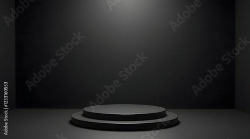 Elegant black cube stand for product placement mockup. Dark podium exhibition scene background. Minimal box platform showroom with spot light.	