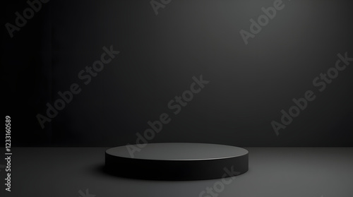 Elegant black cube stand for product placement mockup. Dark podium exhibition scene background. Minimal box platform showroom with spot light.	