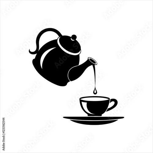 "Minimalist Black-and-White Teapot Pouring into Cup Vector Illustration"