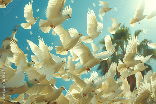 community palm sunday celebration, neighbors gather harmoniously for international palm sunday, with doves soaring over swaying palms and bells chiming from the steeple