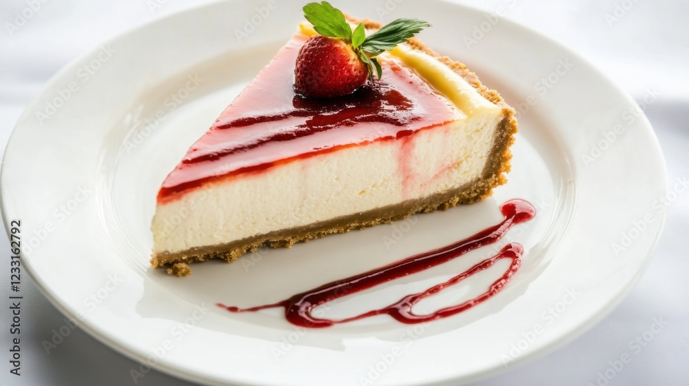 A slice of rich cheesecake with a graham cracker crust, topped with a berry compote and a mint leaf, placed on a plain white plate A slice of rich cheesecake with a graham cracker crust, topped with a berry compote and a mint leaf, placed on a plain white plate