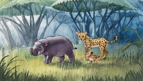 Hippopotamus and Cheetah Cub in an African Savanna Painting photo