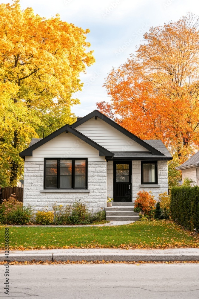 Charming single-story house surrounded by vibrant autumn foliage in a peaceful neighborhood during early afternoon light