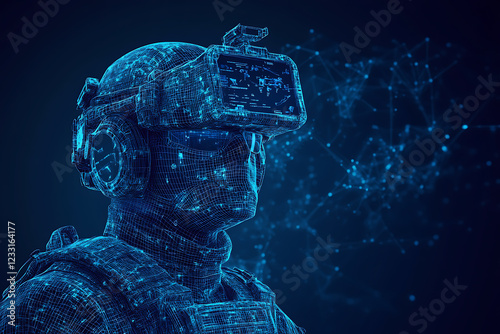 Futuristic glowing wireframe of a military strategist analyzing data