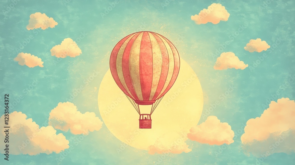 Naklejka premium A striped hot air balloon floats serenely above fluffy clouds