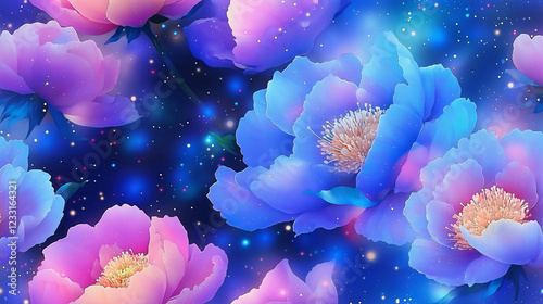 Vibrant and dreamy floral pattern featuring blue and pink peonies on a starry cosmic background