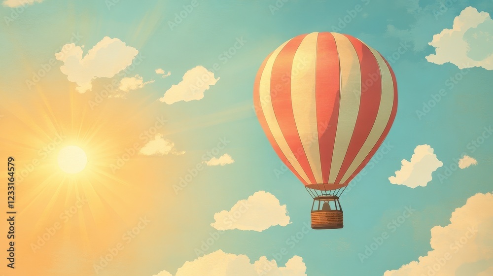 Fototapeta premium A Striped Hot Air Balloon Soaring Through Sunny Skies
