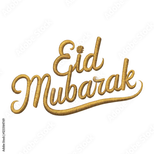 Decorative embroidery design featuring the phrase Eid Mubarak in elegant golden script suitable for festive celebrations