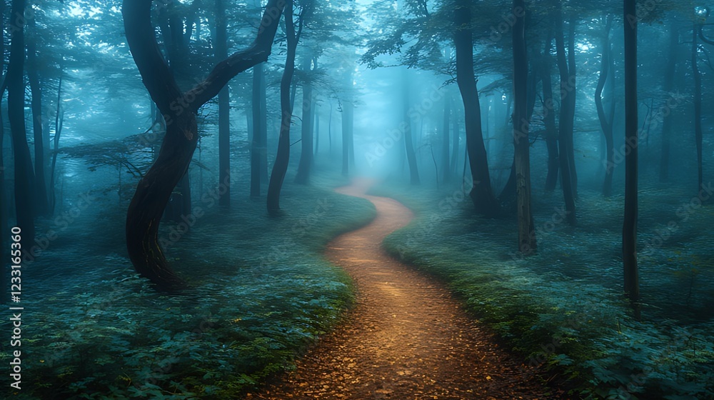 Fototapeta premium Misty forest path winding through blue woods
