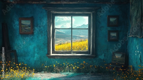 Abandoned blue room, window view of sunny valley, wildflowers blooming inside and out photo