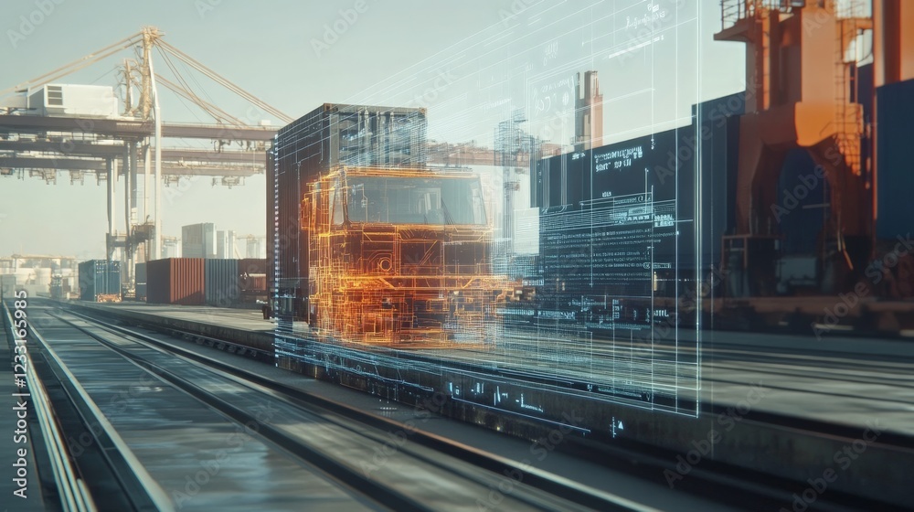 Fototapeta premium Futuristic Truck Transportation Concept with Digital Overlay at Port