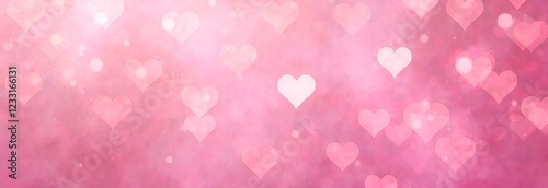 Blured pink romantic banner background with bokeh hearts for Valentine's day