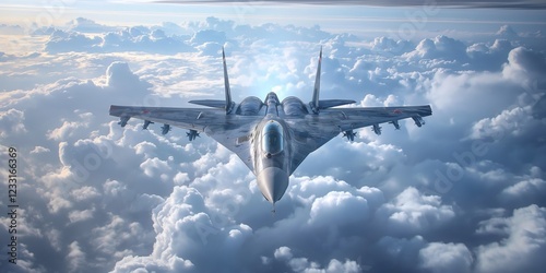 Sukhoi SU-57 fighter jet flying high above a dense layer of white clouds, showcasing its impressive maneuverability and advanced capabilities in a stunning aerial display