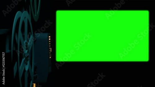Film reels spin on a cinema projector and are projected as a green screen on the surface.