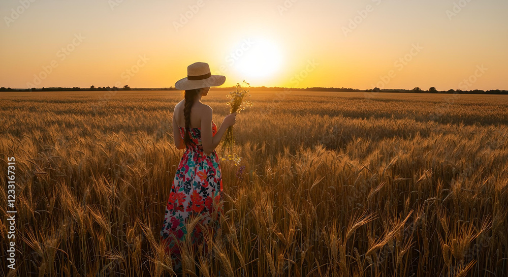 Fototapeta premium Woman in a Wheat Field at Sunset 