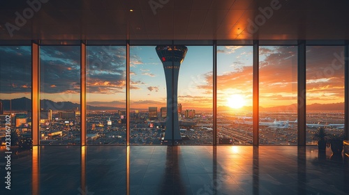 Sunset view from a modern building overlooking Las Vegas airport
